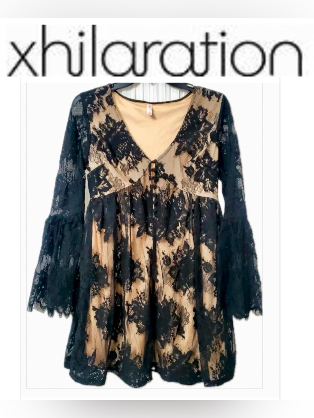 XHILARATION lace Whimsigoth Boho dress flare sleeves black/nude sizeL  like new